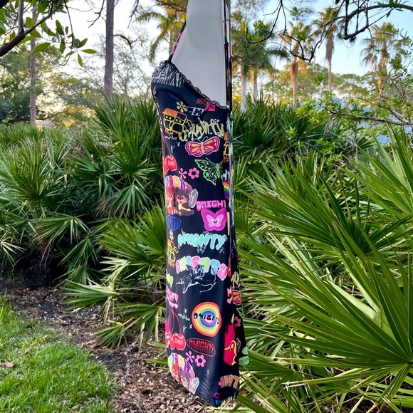 Omighty Logomania Black Mini Dress Size S Stretch Tattoo Sexy Sheer Straps Layer - Picture 3 of 17